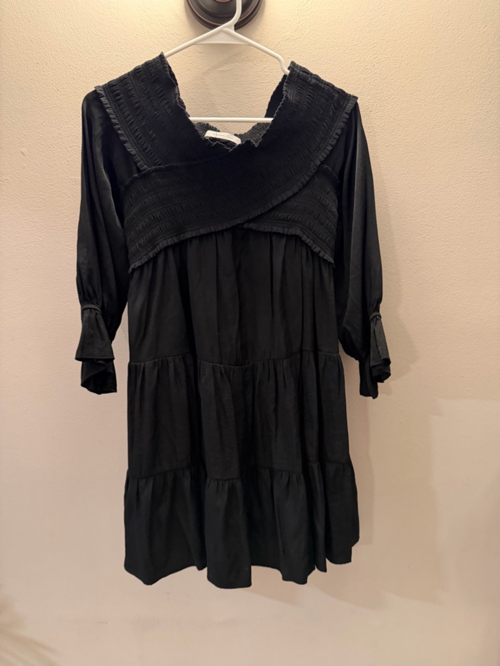 Mustard Seed Black Smocked Crossover Tiered Mini Dress‎ Long Sleeve Babydoll